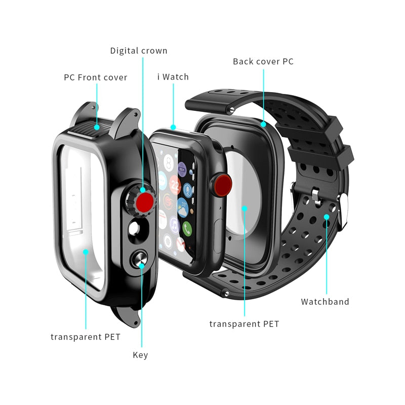 Waterproof Case For iWatch Series 6, 5, 4, SE / 38, 40, 42, 44 mm -  Built-in Screen Protector