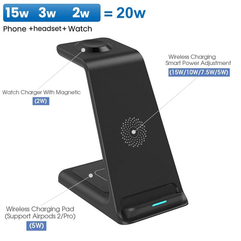 3-in-1 Wireless Charger - Smartphone, Smart Watch And Earphones - Fast Charge Qi 20 W